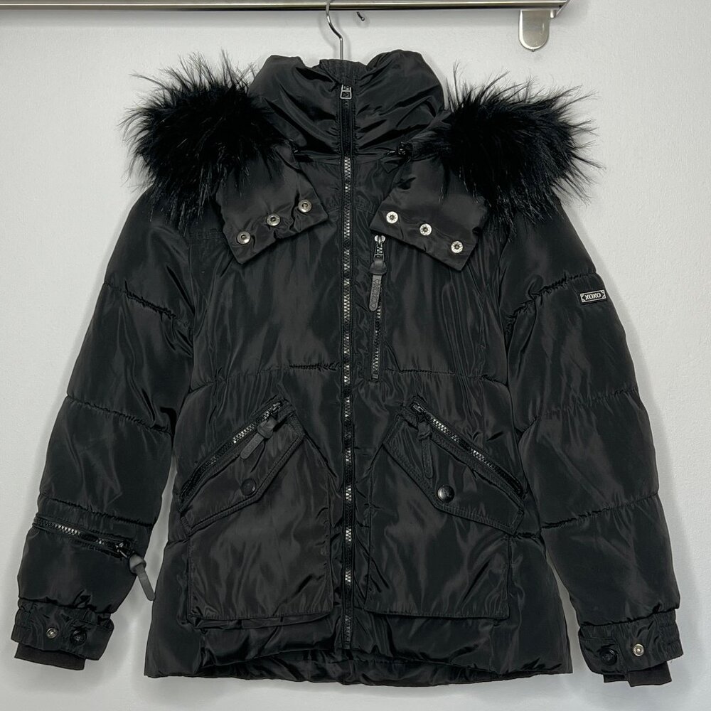 XOXO Black Puffer Jacket Detachable Faux Fur Hood Girls Youth L 12–14